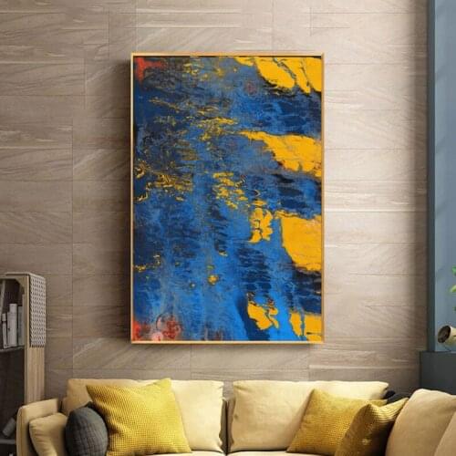 Modern Yellow and Blue Abstract Oil Painting On Canvas Posters and Prints Wall Art Pictures for Living Room Home Decor Unframed