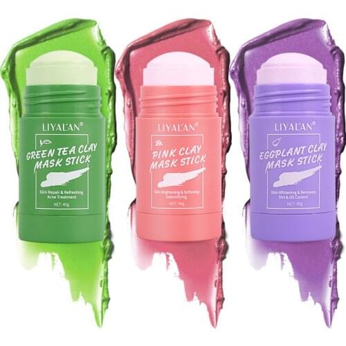 Green Tea Solid Clay Mask Stick Facial Cleansing SkinCare Face Purifying Oil Control Anti Acne Eggplant Pink Rose Mud Mask 40g