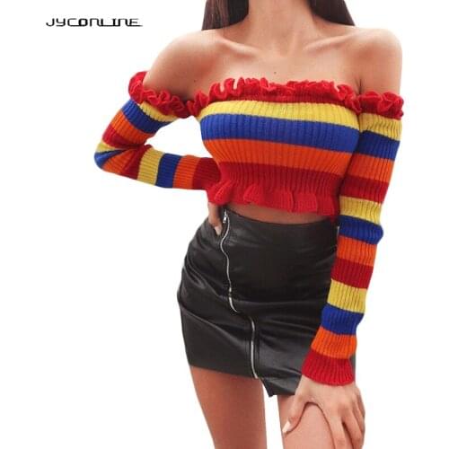 Rainbow Stripes Off Shoulder Crop Top Ladys Sweater Fashion Ruffles Sexy Hot Pullover Female Autumn Women Sweaters New