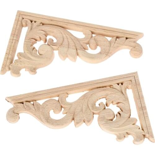 HOT SALE 2pcs left+right(each 1pcs) Vintage Wooden Carved Corner Onlay Furniture Wall Decor Unpainted Frame Applique