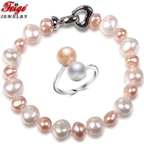 High Quality Natural Freshwater Cultured Pearl Bracelet and Ring Jewelry Set for Womens Fashion Jewelry Gift Wholesale FEIGE