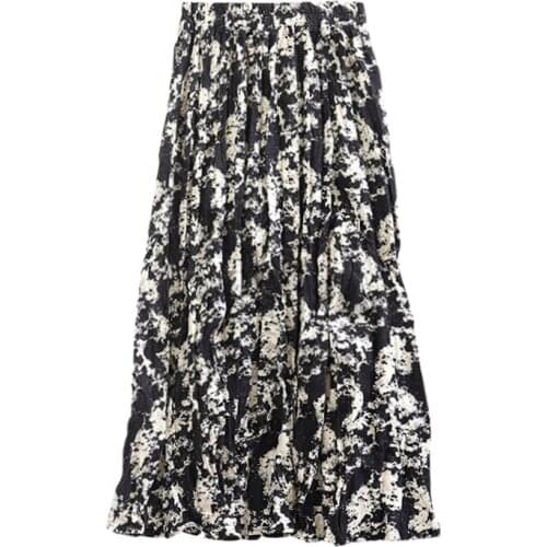 PERHAPS U Black Brown Geometric Print High Street Midi Skirt A-line Elastic Waist S0276