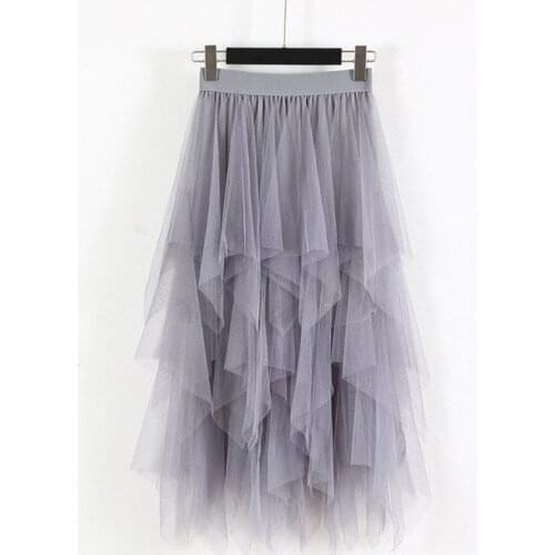 Women Irregular Hem Mesh Tutu Skirt Fashion Elastic High Waist Long Tulle Skirt Fashion Spring Party Skirt for Ladies