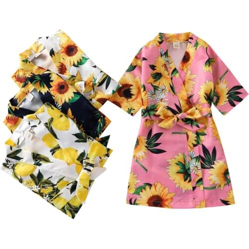 Girl’s Fashion Sunflower Bathrobe Summer Causal Short Sleeve Home Wear Bandage Nightgown 1-6T