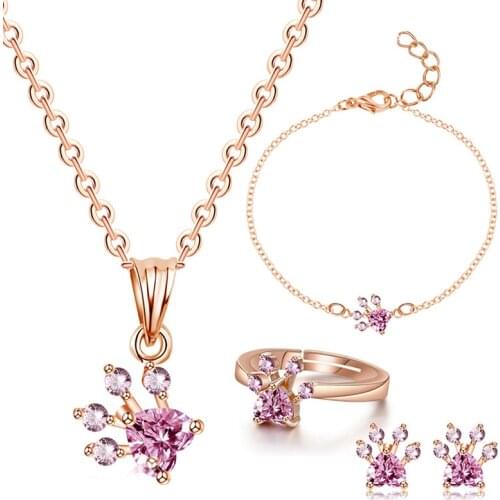 4pcs/set Women Chain Necklace Bracelet Ring Drop Earing Set Pet Animal Footprints Paw Jewelry Set Jewelry Kits Decor Gifts
