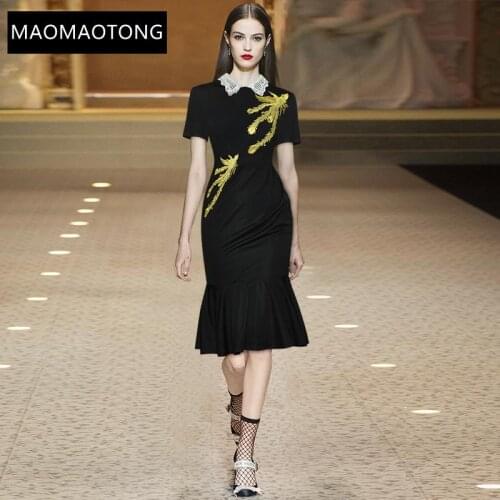 Fashion Runway Dress Summer Womens Dress Turn-down Collar Embroidery Beading Slim Package Hip Mermaid Dress