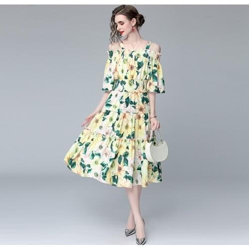 JSXDHK Summer Runway Camelia Flower Print Holiday Dress Elegant Women Spaghetti Strap Floral Flare Sleeve Ruffles Boho Dresses