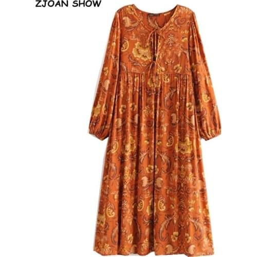 2019 Bohemia Lacing up V neck Feather Floral print Dress Ethnic Woman Long Sleeve Tassel Long Strappy Dresses Holiday Beach