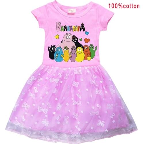 2021 Summer Barbapapa Girl Cotton T Shirt + Print +bag Gauze Patchwork Dress Children Girl Home Party Casual Clothes Dresses