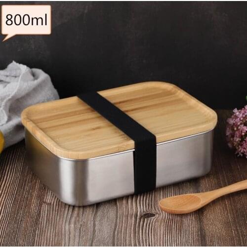 800ml Stainless Steel Lunch Box with Bamboo Wooden Lid Square Food Container Eco Friendly Bento Boxes SN3326
