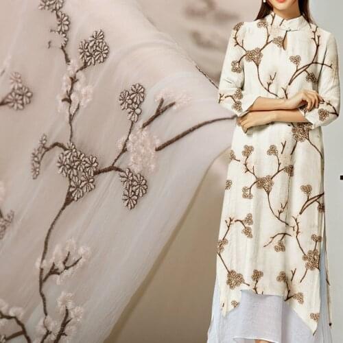 White plum blossom high - end silk embroidery fabrics silk fabrics mulberry silk clothing fabrics summer skirt fabrics