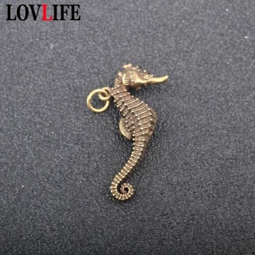 Vintage Cute Pure Brass Solid Hippocampus Key Ring Pendants Copper Seahorse Keychains Hanging Jewelry Fashion Car Keyring Gifts