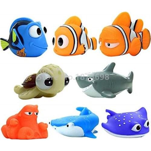 Clownfis & Fish Friends Marlin Fluke Hank Octopus Destiny Squirt Turtle Bruce Shark Bath Squirters Figure Baby Bath Toy Set of 8