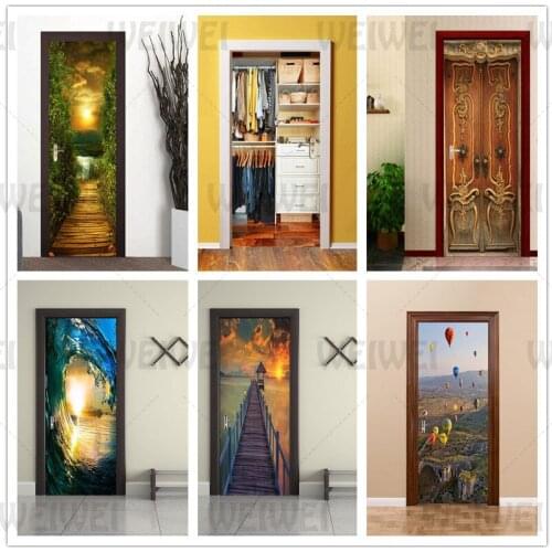 Retro Wooden Door Home Decoration Door Stickers Hot Air Balloon Scenery Bedroom Room Decoration Door Decals Beautiful Scenery