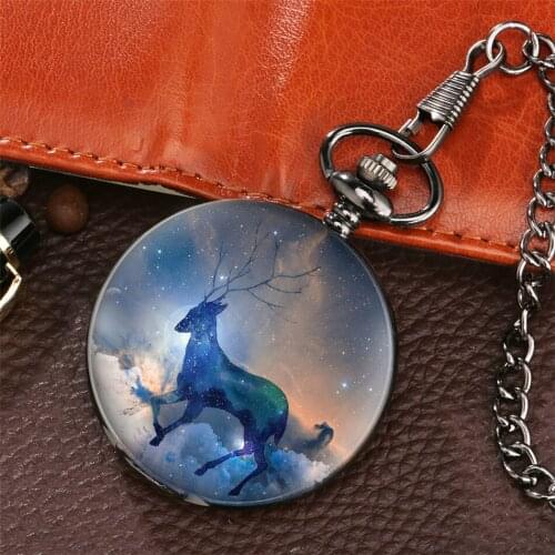 Starry Sky Elk Design Quartz Pocket Watch Classic Arabic Numerals Display Smooth Black Full Hunter Pendant Pocket Clock