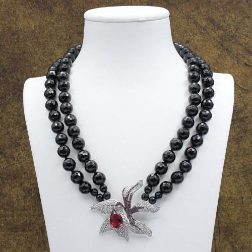 GG Jewelry 18"-19'' 2 Rows Faceted Black Onyx Gems Stone Necklace CZ Red Crystal Flower Pendant