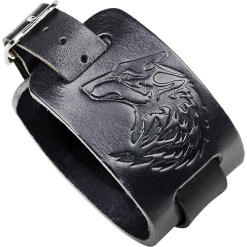 ISINYEE Fashion 4cm Real Genuine Leather Wolf Bracelets For Men Wrist Wrap Wide Bracelet Punk Hip Hop Rock Man Jewelry