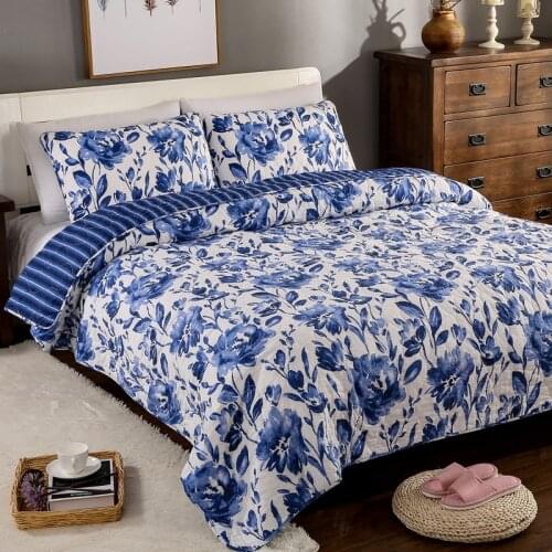 Quality Blue and white Quilt Set 3PCS bedding Wash cotton Quilt Bed Cover Aircondition Bedspread Pillowcase King Size Coverlet