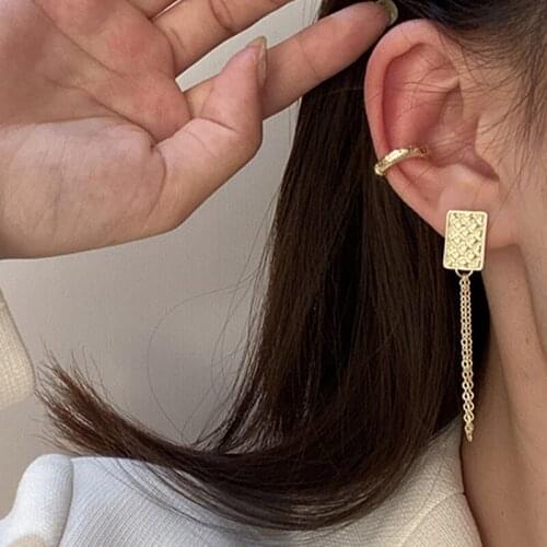 Korean Retro Gold Silver Color Geometric Square Cube Stud Earrings for Women Tassel Chain Long Earrings Fake Piercing Jewelry