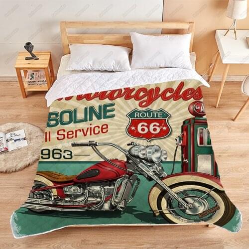 Print on Demand Summer Quilt Vintage Gasoline Route 66 Poster Coverlet Camping Thin Quilts Bedspread on The Bed Dorm Covers