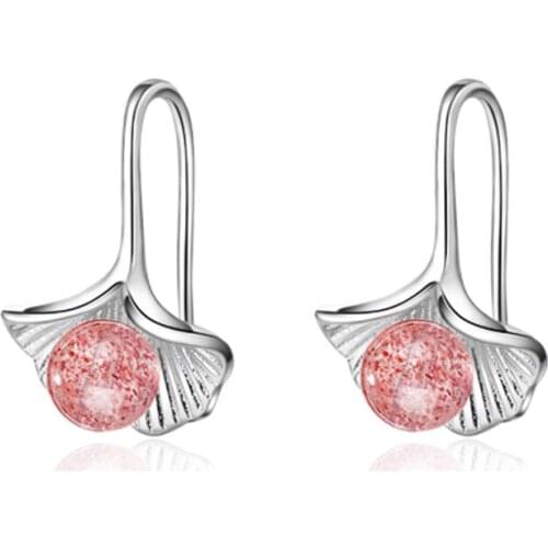 Cute temperament trend wild natural pink strawberry crystal ginkgo leaf short silver plated earrings IR023