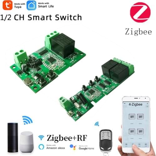 1/2CH Zigbee Smart Light Switch Module DC 5/12/32V RF433 Receive 10A Relays Work With Alexa Google Assistant,Tuya Smart Life