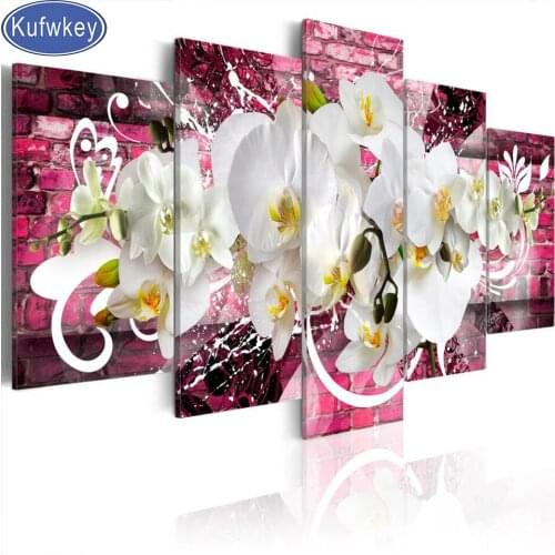 DIY Full Square Round Drill Diamond Painting"White Orchid"3D Mosaic Diamond Embroidery 5 pieces for Living Room Decor