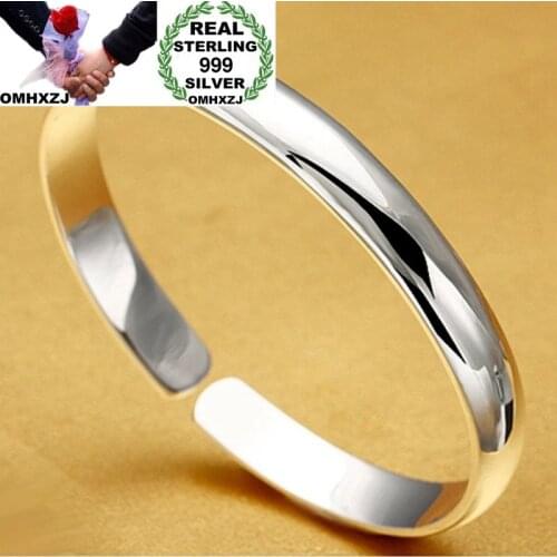 OMHXZJ Wholesale European Fashion Woman Man Party Wedding Gift Simple Blank S999 Sterling Silver Cuff Bangle BA41