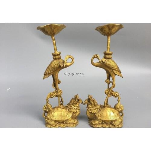 Pair 11'' Classica Brass carved Bird Crane on Dragon Turtle candle candlestick