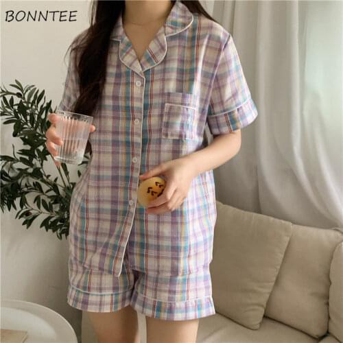 Pajama Sets Women Plaid Casual Female Homewear Loose Harajuku All-match Fashion Popular Preppy Sleepwear Elegant Retro Chic Ins
