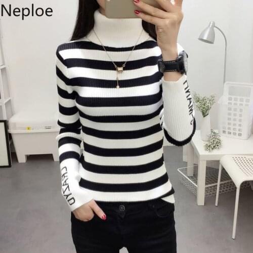Neploe Korean Slim Fit Autumn Knit Bottom Pullover Turtleneck Thick Striped Student Sweater Patch Letter pull femme hiver 46017