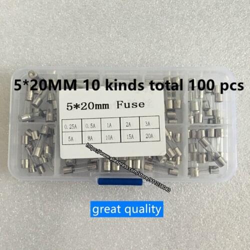 Glass fuse 0.25A 0.5A 1A 2A 3A 5A 8A 10A 15A 20A fuse box fuse box 5*20MM 10 kinds total 100 pieces mixed sample box