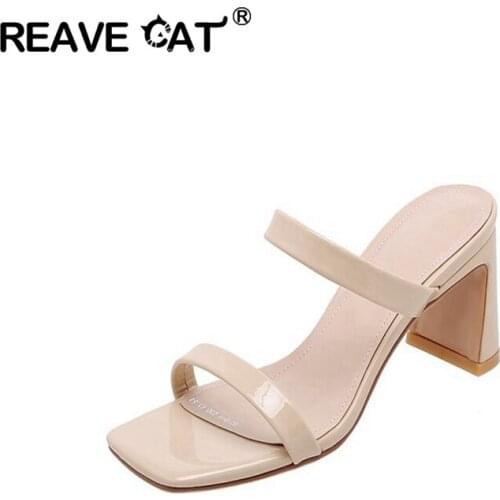 REAVE CAT 2021 Top Quality Full Genuine Leather Women Sandals Mules Simple Vintage Thick Heel Slipper Ladies Party Size 40