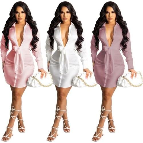 Women Sexy Shiny Soild Shirt Dress Summer Long Sleeve Turn Down Collar Deep V Neck Bandage Mini Dress Fitness Package Hip Dress