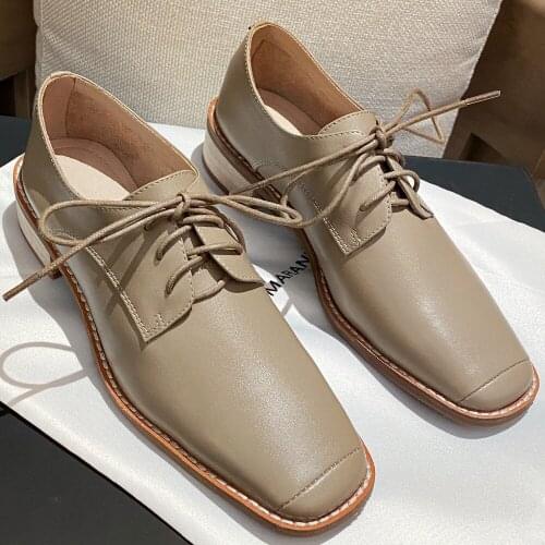 Womens genuine leather lace-up flats oxfords square toe soft comfortable daily brogues high quality female footwear shoes women