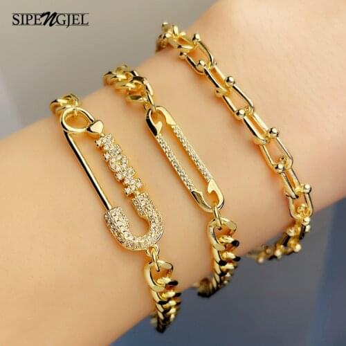 SIPENGJEL Fashion Hip Hop Link Chain Bracelets For Women Gold Geometric Safety Pin Bracelet Vintage Jewelry 2021