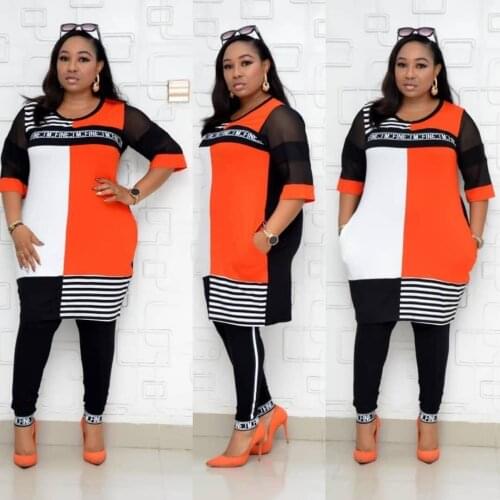 2 Piece Womens Sets Africa Women Winter Handmade Striped Letters Pattern Half Sleeve Pullover Tops Trousers 2pcs Clothing Sets