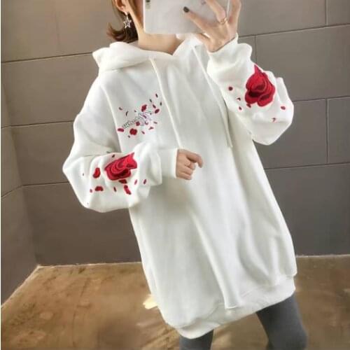 Ladies Embroidered Pullover Hoodie Women Large Size Thick/thin Female Autumn Winter Leisure Mid-length Harajuku Bag Hip Jacket