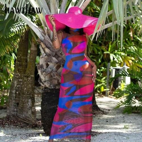 Hawthaw Women Summer Fashion Printed Bodycon Mesh See Through Slim Beach Long Dress Sundress 2021 Female Clothing Streetwear