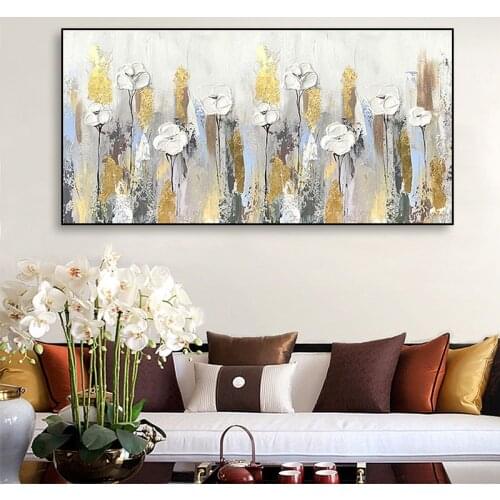 Gold Foil Flower Picture 100% Hand Painted Modern Abstract Oil Painting On Canvas Wall Art For Living Room Home Decor No Frame
