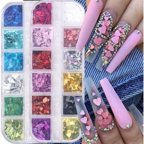 12 Grids Rose Gold Heart Spangles Nail Sequins Aurora AB Color Nail Flakes Stunning Pailliette Butterfly Sticker Decoration Tips