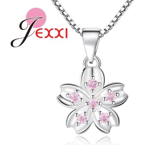 925 Sterling Silver Flower Pendant Necklace Pave Shiny Pink Zircon Top Quality Wedding Engagement Gifts Box Chain Collar