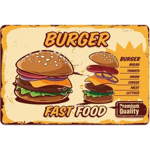 Design Fast Food Hurger Tin Metal Wall Art Signs, Thick Tinplate Wall Decoration Print Poster for Kitchen/Hurger Shop/Restaurant