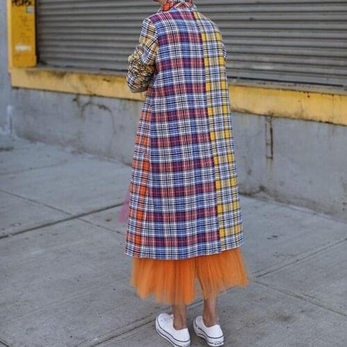 European and American autumn and winter jackets plaid striped color matching lapel casual fashion long coat lady office clothes