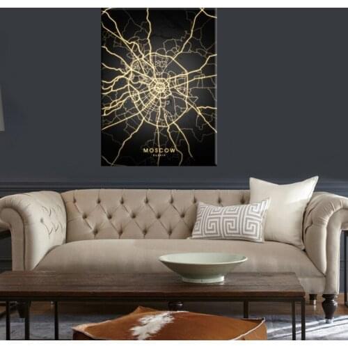Kazan Moscow Saint Petersburg Russia Black and gold Canvas Wall Art Map Poster Home Office Modern decor HD Print