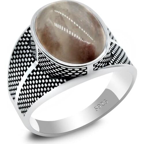 925 Sterling Silver Mens Ring With Large Natural Quartzite Retro Punk Thai Silver Stone Ring Men and Women Turkish Jewelry