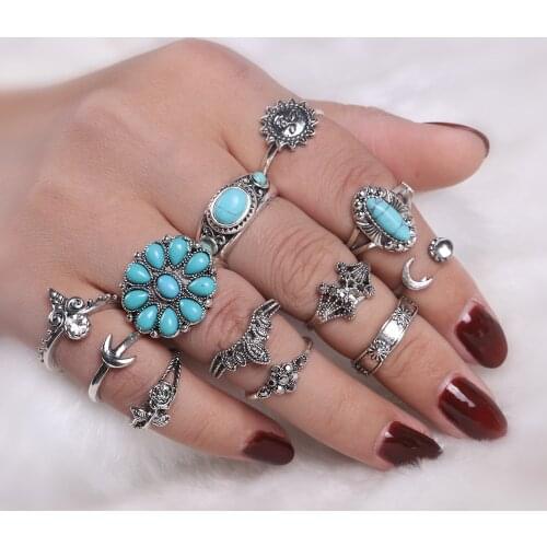 12pcs/Set Vintage Bohemian Midi Blue Stone Ring Set Gothic Flower Sun Moon Finger Ring Knuckle Rings For Women Female Jewelry
