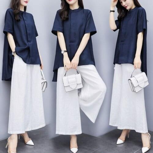 Womens suit new summer dress large size two-piece pants cotton and linen short-sleeved shirt wide-leg pants casual fashion suit
