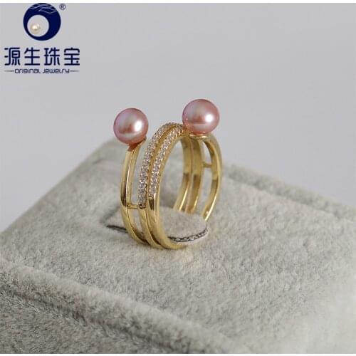 YS 925 Sterling Silver Fashion Trendy DesignRing 6-6.5mm Round Natural Cultured Chinese Freshwater Pearl Ring Gift Box