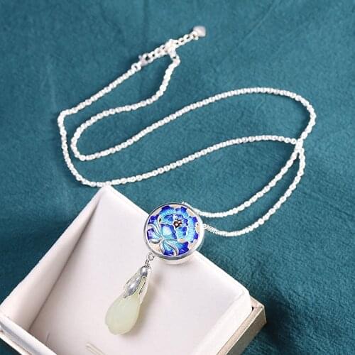 Fashion Chinese-Style S925 Ornament Womens Burnt Blue Magnolia Flower Hetian Jade Necklace